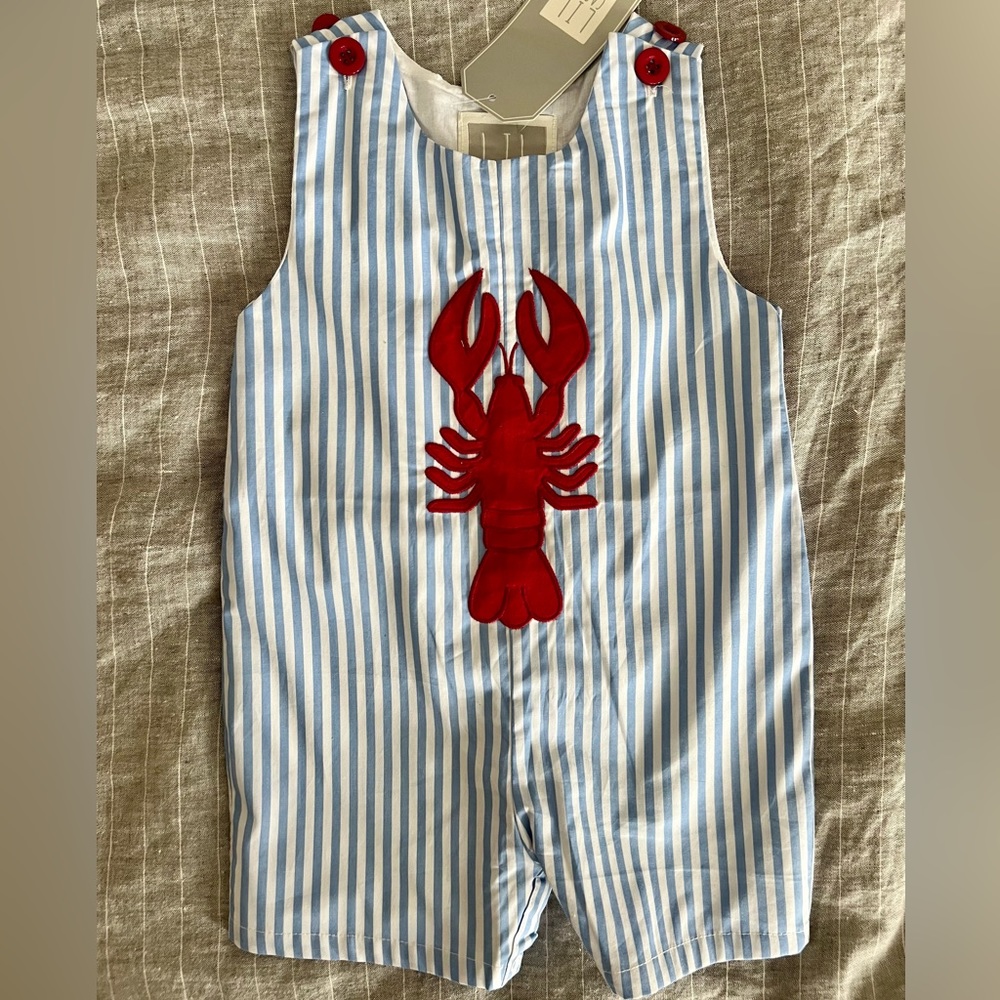 Lil Cactus brand Striped Lobster Appliqué Shortall Jon Jon